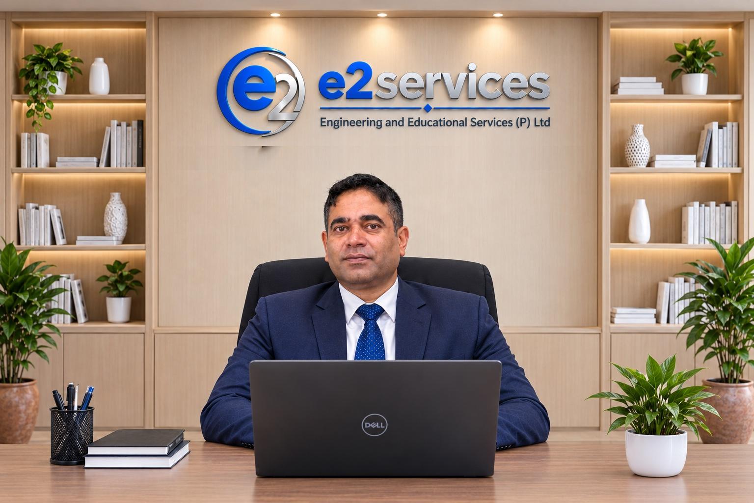 Rajeeb Baral, Managing Director, at his desk beneath the e2services sign